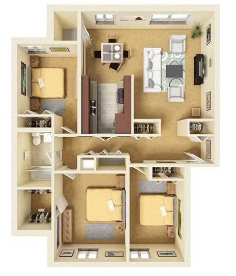 Floor plan for 3 beds, 1 bath